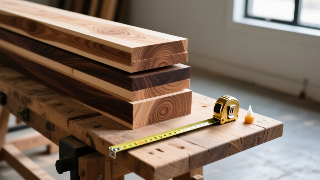 Close-up of stacked hardwood lumber including curly maple and dark walnut, on a workbench next to a tape measure and wood glue