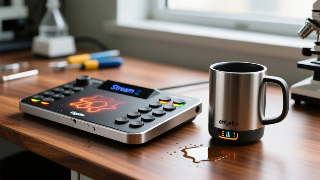 A scarred but fully functional Elgato Stream Deck and Ember Mug resting on a walnut desk after rigorous drop and spill testing in a lab environment.