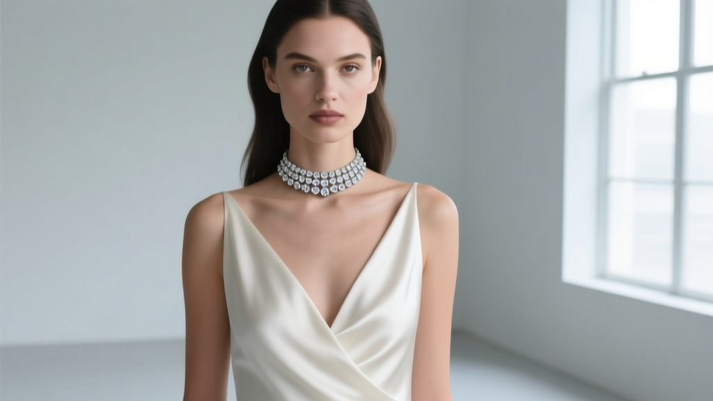 Model wearing a diamond Debra choker with a V-neck silk gown, highlighting collarbone placement and brilliant light reflection.
