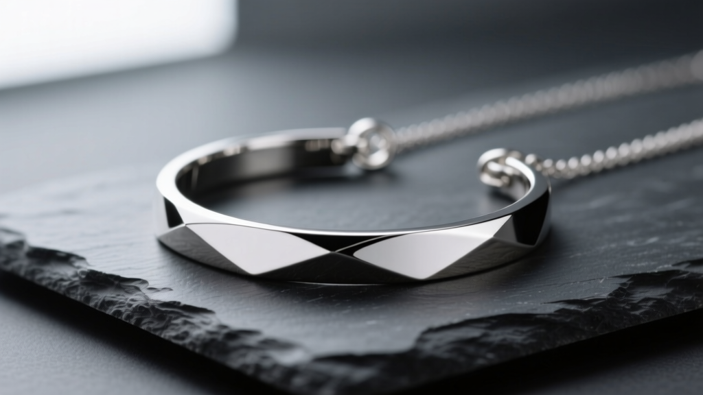 Close-up of a polished sterling silver can tab necklace on dark slate, reflecting soft studio lighting with a minimalist aesthetic.