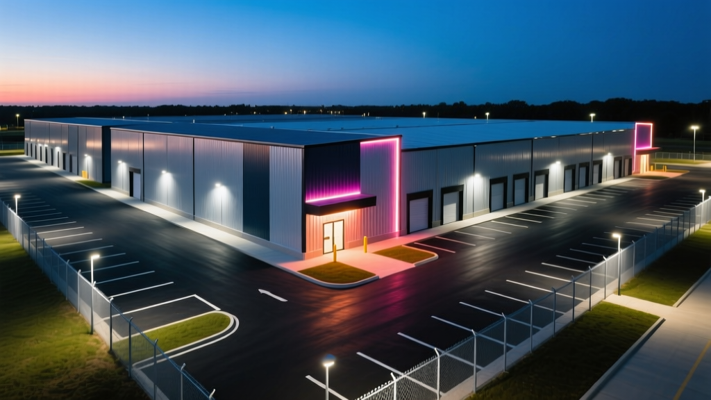 Wide aerial view of a newly constructed pre-engineered metal self-storage facility with asphalt paving, security fencing, and LED lighting at dusk