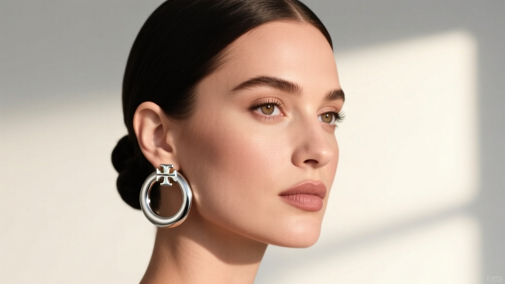 Close-up portrait of a woman with an oval face shape styling large silver Tory Burch Miller hoops with a sleek low bun hairstyle
