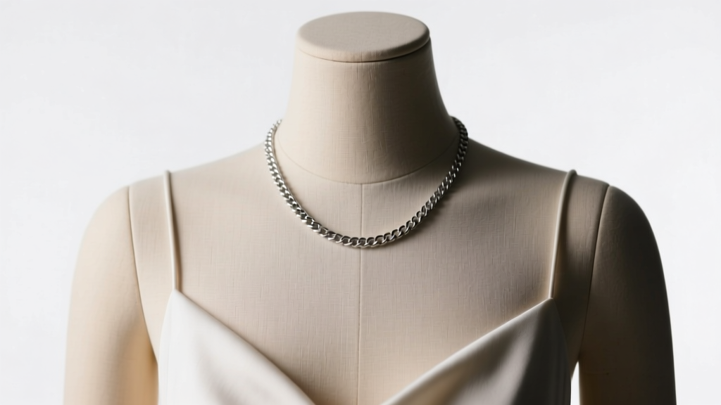 Close-up of halter neckline angles intersecting with a 20-inch silver pendant chain on a dress form under bright studio lighting