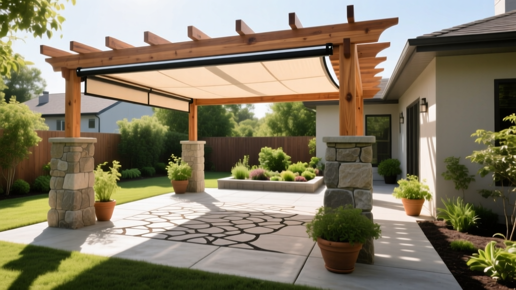 Sunlit backyard featuring a custom cedar pergola with retractable canopy, anchored to a stamped concrete patio with stone pillars