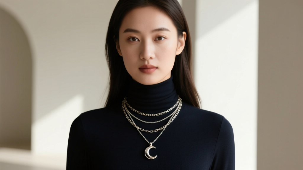 Young woman wearing a layered chain stack with a 22mm sun and moon pendant over a dark turtleneck in soft diffused natural light.