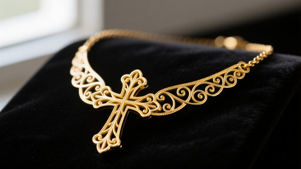Antique 14k gold filigree cross necklace on dark velvet, showing intricate die-struck openwork and delicate scrollwork patterns