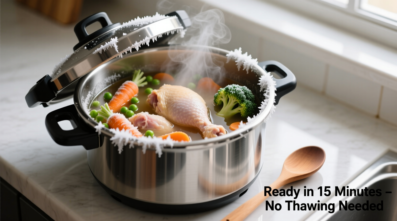 Pressure cooker with frozen chicken and vegetables