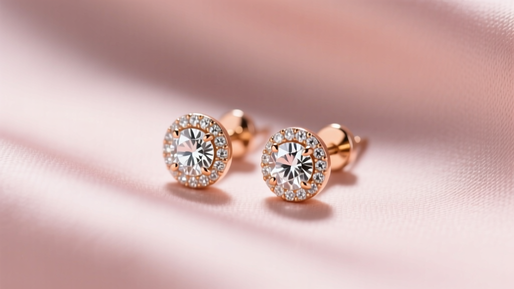 Macro photography of 14k rose gold earrings studs with bezel-set round diamonds, resting on a soft blush silk fabric background
