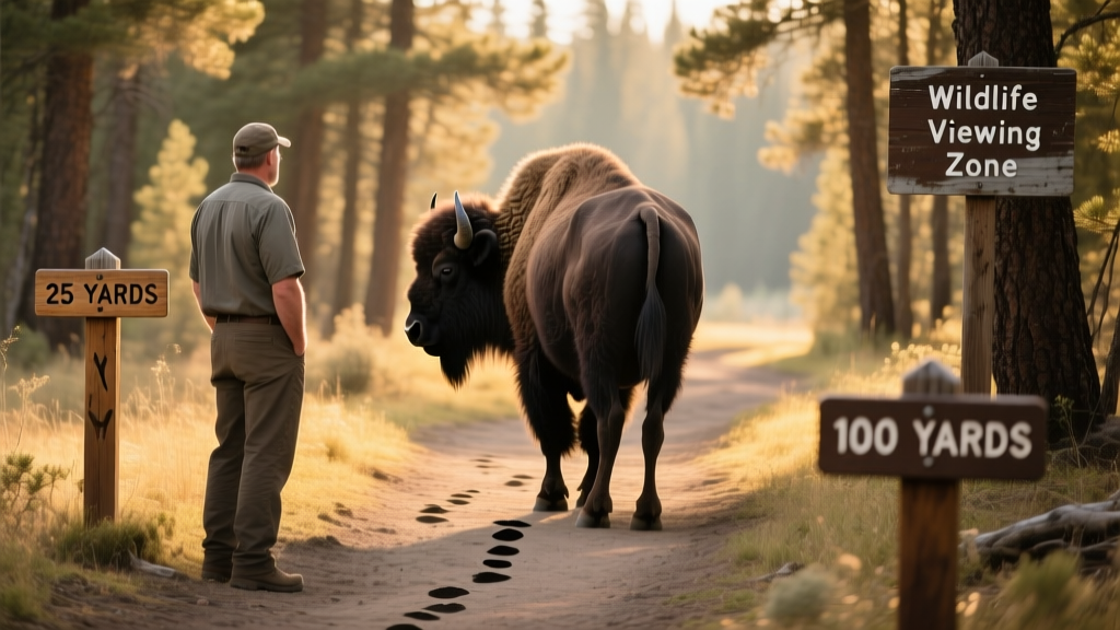 Illustration showing proper viewing distances: a person standing well back from a bison on a trail, with clear visual markers indicating 25-yard and 100-yard zones