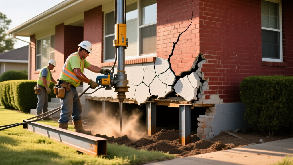 Foundation repair crew installing pressed steel pilings beneath a cracked brick veneer on a Dallas suburban home during dry summer conditions