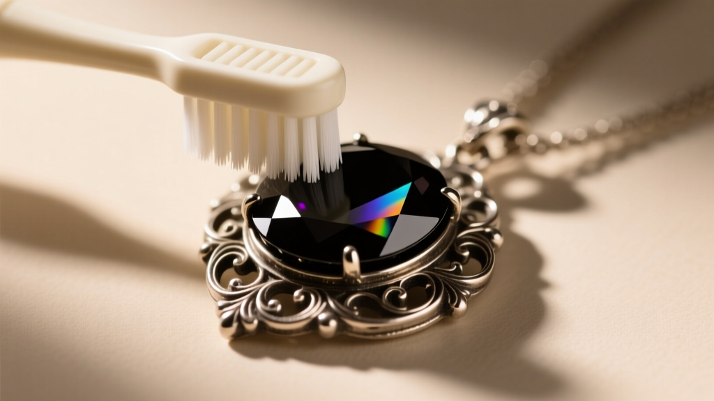 Soft-bristled toothbrush cleaning crevices of a dark gemstone set in an antique silver pendant under warm directional lighting.