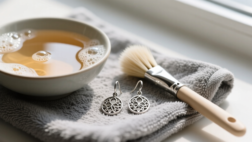 Bowl of warm soapy water and soft brush beside tarnished sterling silver drop earrings resting on a grey microfiber towel.