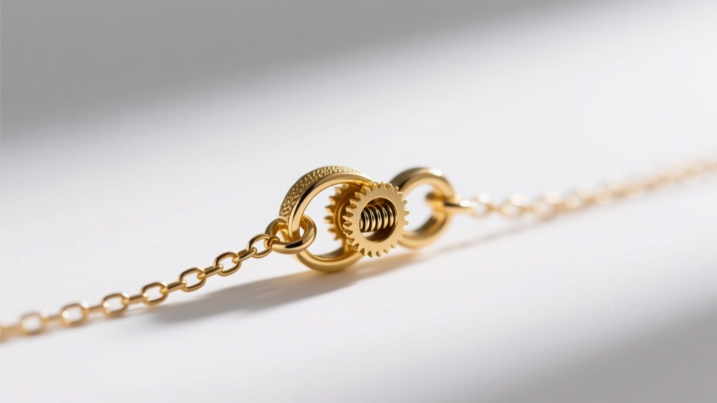 Macro shot of a 4mm gold pendant bail sliding onto a delicate 1.5mm box chain, highlighting the secure lobster clasp mechanism.