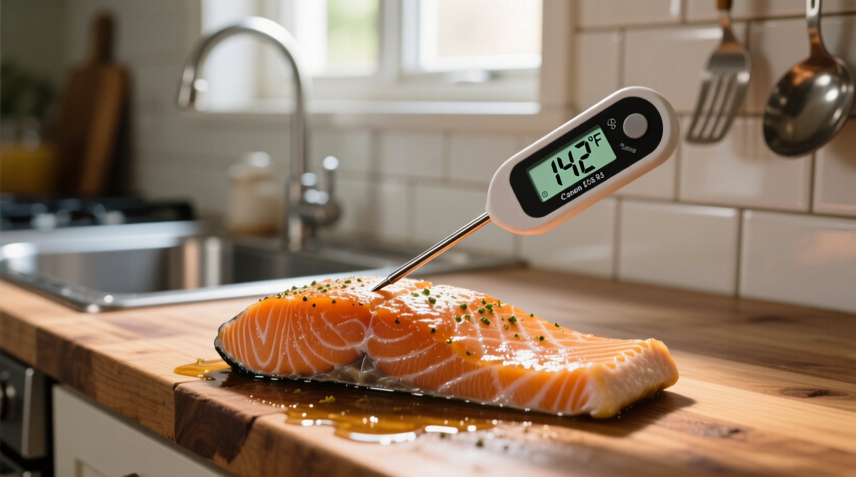 Digital thermometer measuring salmon temperature in kitchen