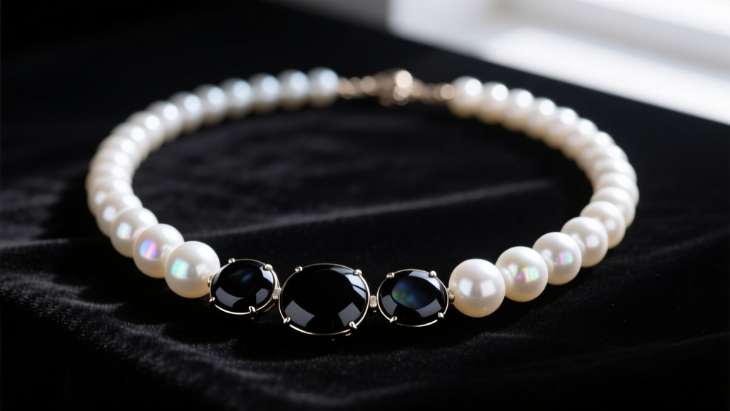 Close-up of a luxurious pearl and black onyx necklace draped on dark velvet, highlighting glossy white nacre and deep black stone.