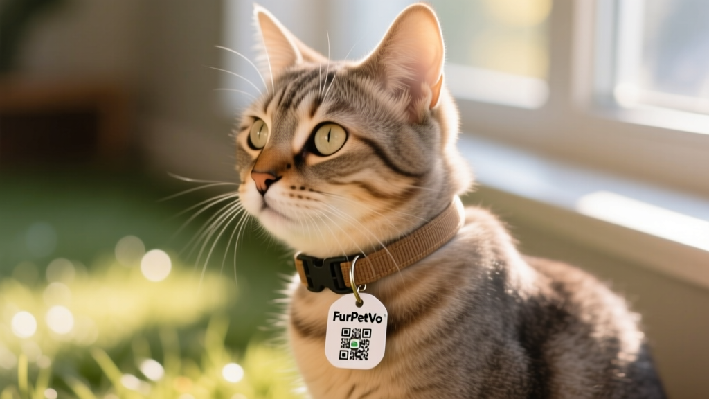 Close-up of a cat wearing a properly fitted quick-release collar with a FurPetVo flea prevention tag