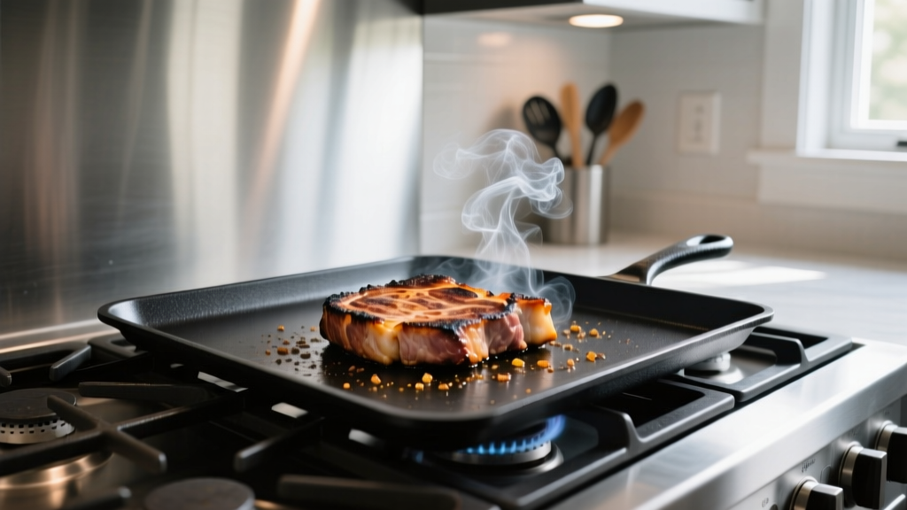 Heavy Baking Steel carbon griddle sitting on a gas stove burner with a cast iron skillet searing a thick pork chop, with smoke rising against a stainless steel backsplash