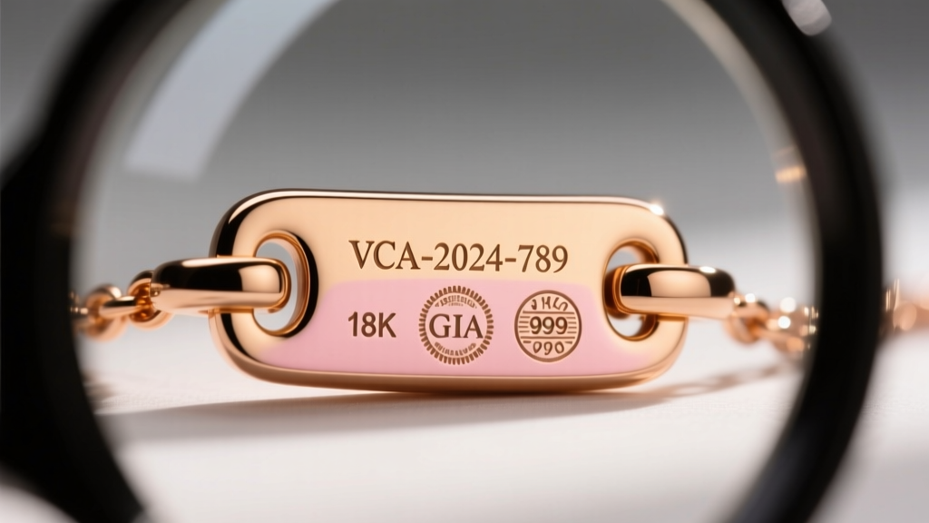 Macro loupe view of an 18k rose gold VCA necklace clasp showing the serial number engraving and hallmark stamps on polished metal.