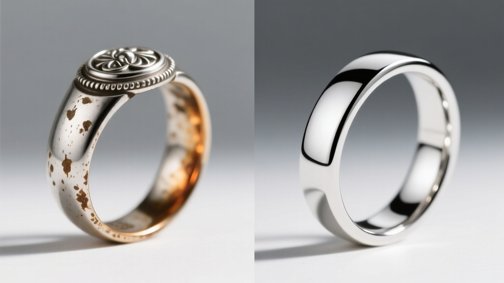 Side-by-side macro comparison of tarnished antique silver-topped gold and bright rhodium-plated 1920s white gold rings.