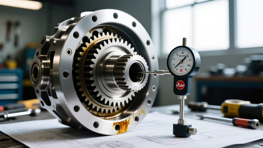 Close up of a Dana 44 AdvanTEK differential cover removed showing the internal ring gear and pinion setup with dial indicator