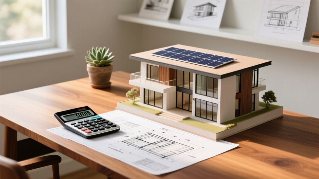 Architectural blueprints and a financial calculator resting on a wooden desk next to a scale model of a modern two-story custom home