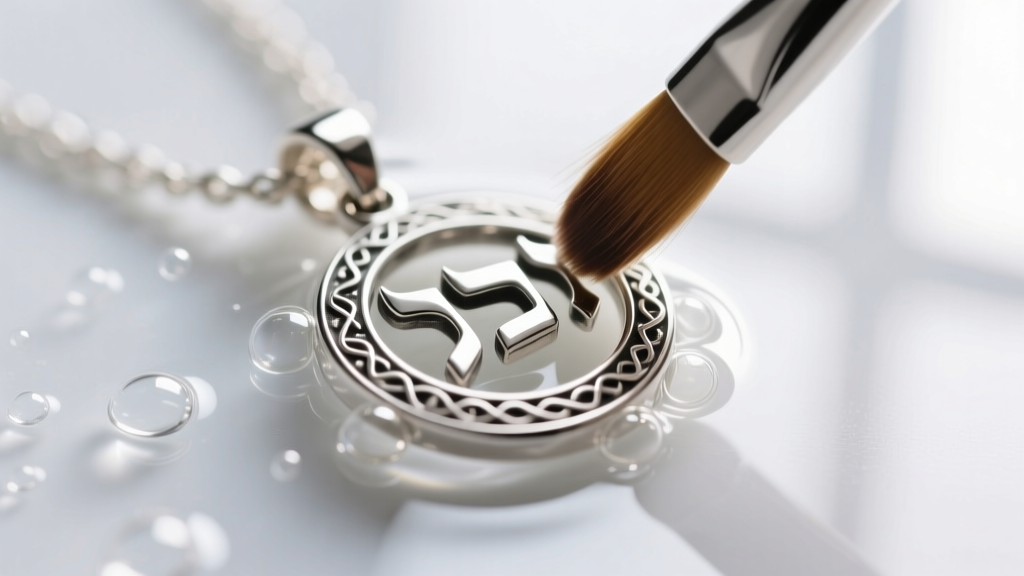 Close-up of a soft brush cleaning intricate crevices of a sterling silver Hebrew Chai pendant submerged in soapy distilled water.