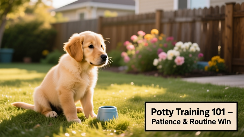 A calm, focused puppy squatting on grass in a sunny backyard potty area