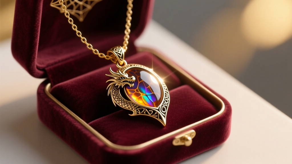 Velvet-lined box showing a polished fantasy dragonbone pendant stored safely from tangled chains under soft, warm, ambient light.