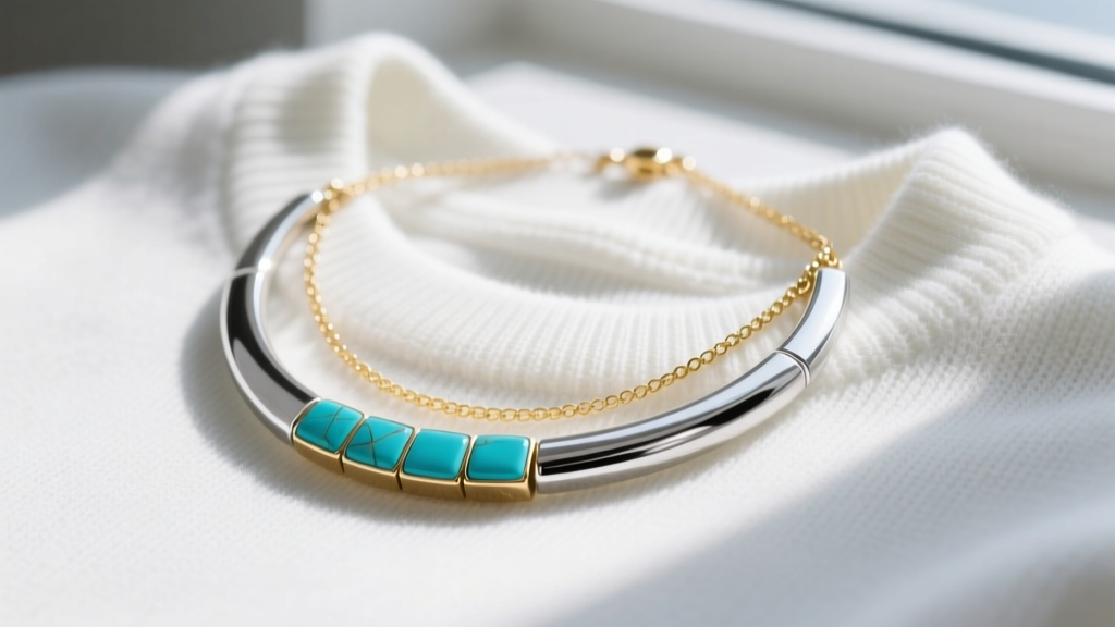 Close-up of a sterling silver turquoise bar necklace layered with a delicate gold chain on a crisp white cotton crewneck sweater