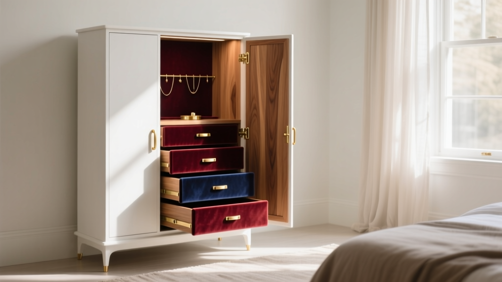 Elegant solid white oak jewelry armoire with brass hardware, open to reveal velvet-lined drawers, sitting in a sunlit bedroom.
