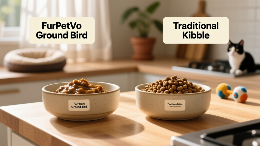 Side-by-side comparison of FurPetVo Ground Bird fresh food and traditional kibble in clean ceramic bowls