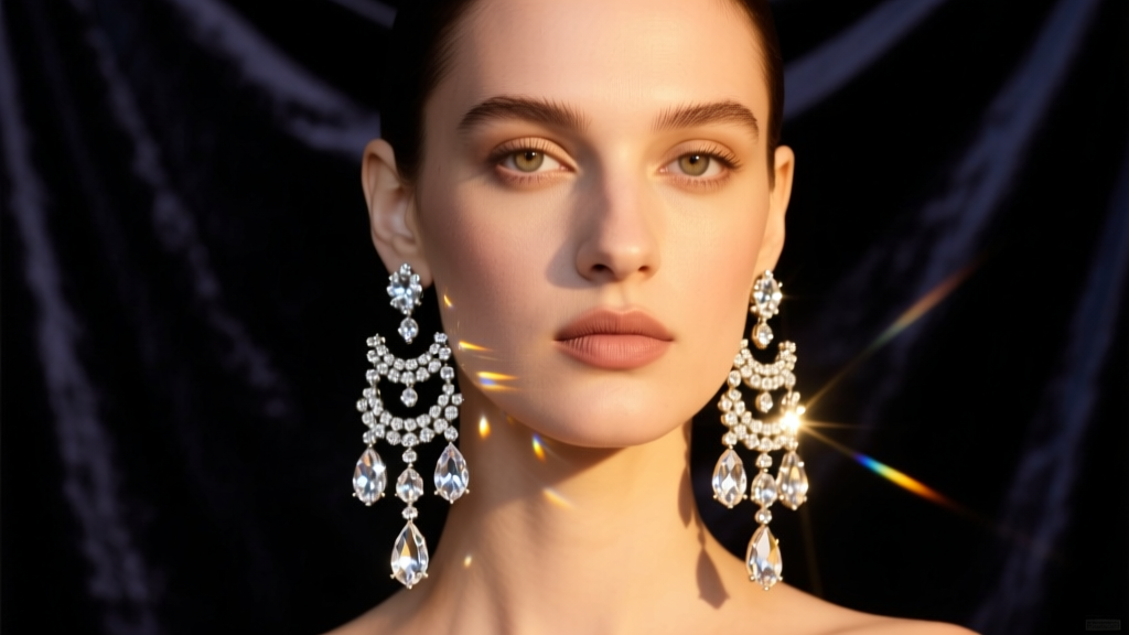 Model wearing multi-tiered chandelier crystal earrings with a sterling silver base, catching warm studio light against dark velvet