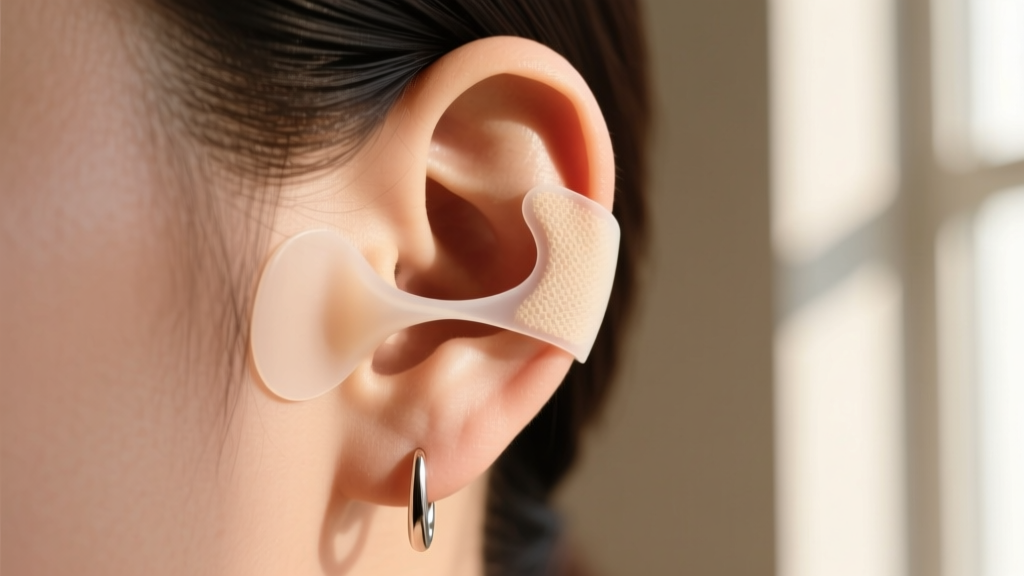 Silicone support patches applied to a stretched earlobe, demonstrating a non-surgical prevention method for heavy drop earrings