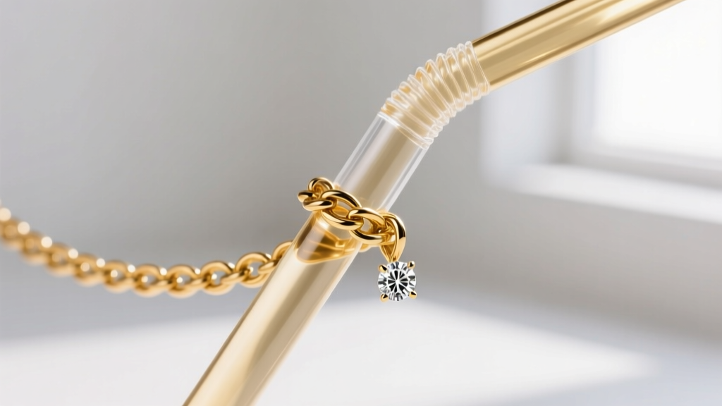 Close-up of a delicate 14k gold rope chain threaded through a clear acrylic straw, with a small diamond pendant outside the tip