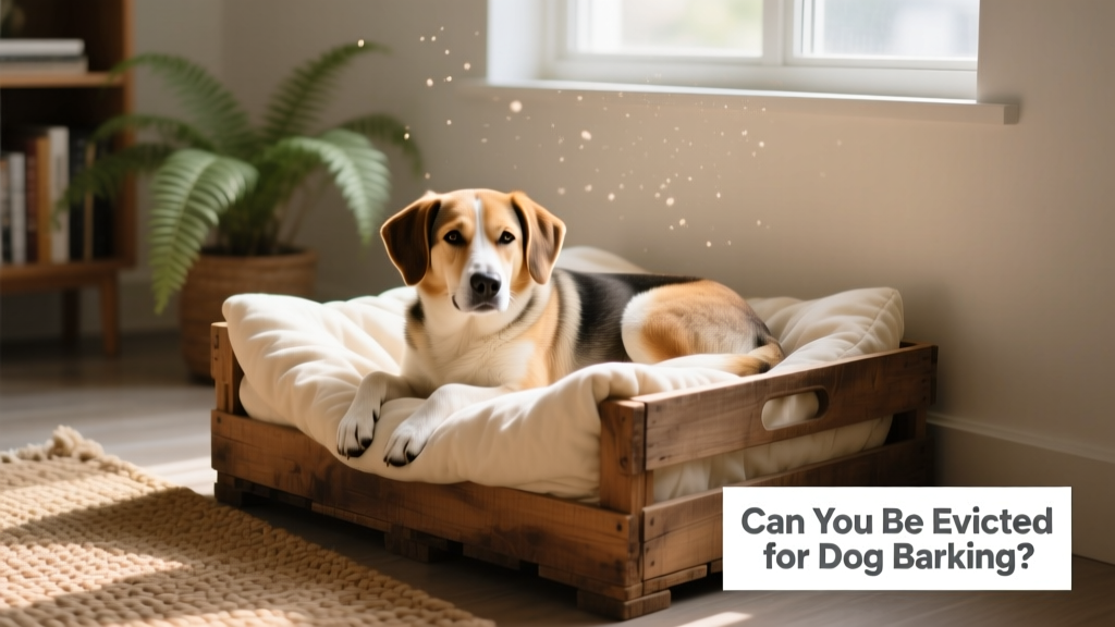 A calm dog resting in a cozy crate with soft bedding