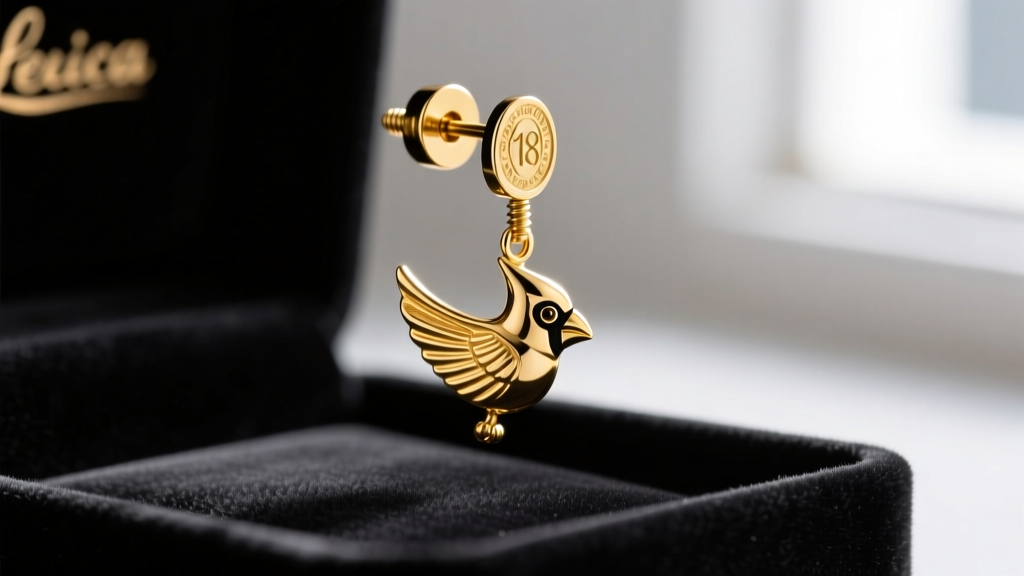 Close-up of an 18-gauge gold-plated cardinal drop earring featuring a secure screw-back clutch resting on a dark velvet jewelry tray
