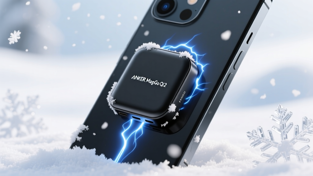Close-up of an Anker MagGo Qi2 wireless power bank magnetically attached to the back of a smartphone in freezing snowy conditions