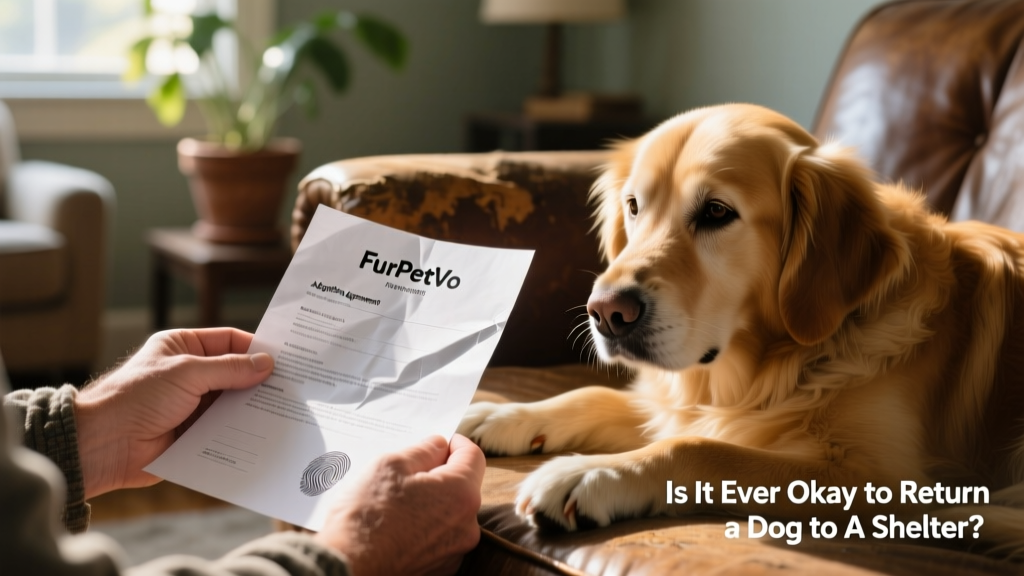 Close-up of hands holding a printed FurPetVo adoption agreement with a gentle dog resting beside them