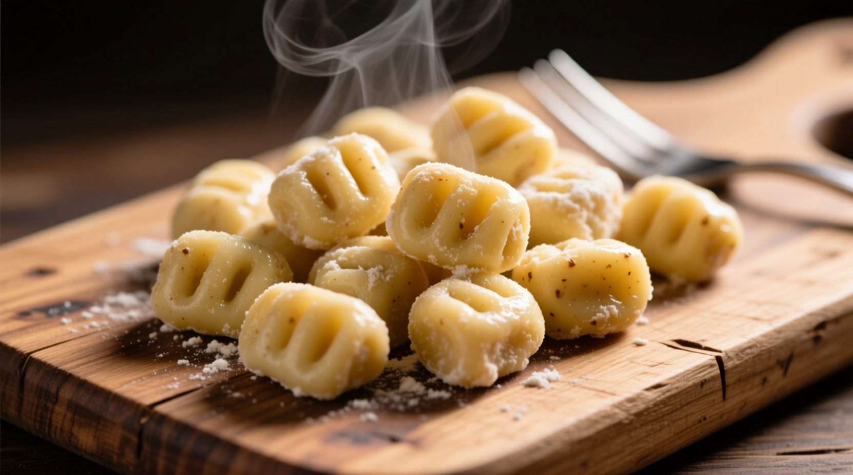 Freshly made potato gnocchi on wooden board
