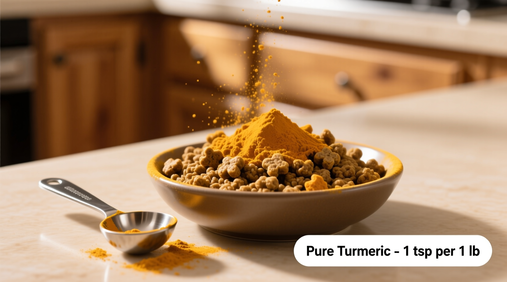 Turmeric powder sprinkled on dog food with measuring spoon