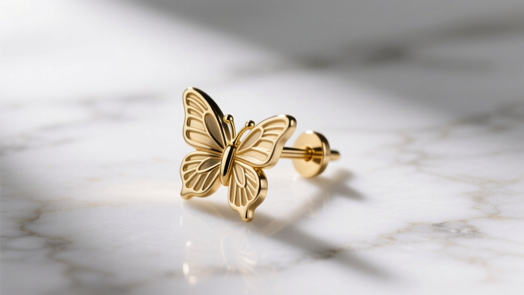 Macro shot of a 20-gauge gold post earring with a metal butterfly back on white marble, soft lighting highlighting post grooves.