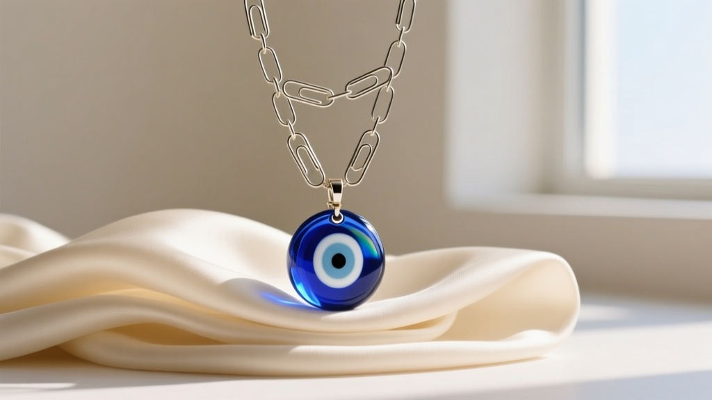 Layered stack featuring a 1.2mm paperclip chain and 15mm Murano glass blue evil eye pendant against a cream silk blouse