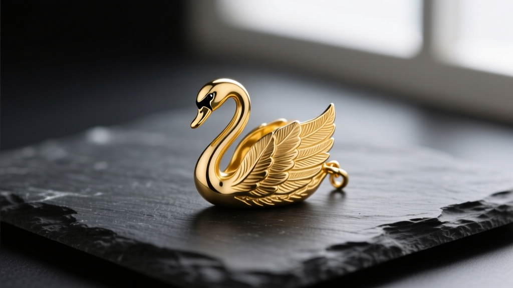 Macro shot of an 18k yellow gold swan pendant on dark slate, showing intricate feather casting and a hidden bail.