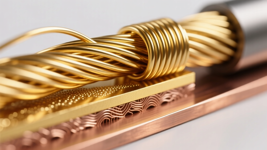 Macro cross-section illustration of gold filled wire bonded to brass next to a micron-thin gold plated layer on a copper base.