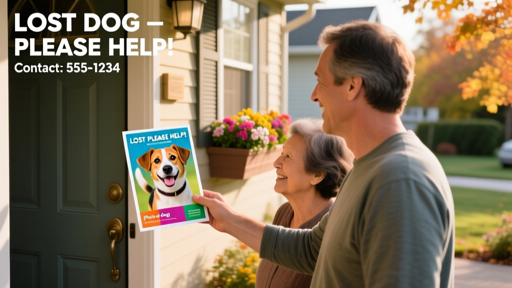 A person handing a colorful lost dog flyer to a neighbor at their front door, with a photo of a friendly-looking mixed-breed dog