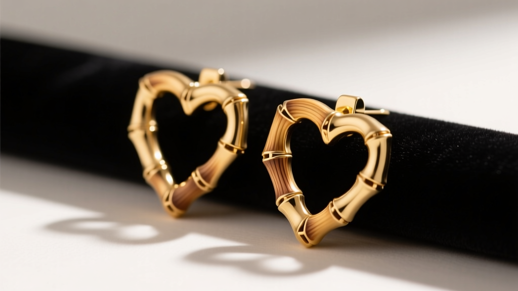 Close-up of 14k gold heart bamboo earrings on dark velvet, highlighting the carved bamboo texture and polished heart silhouette.