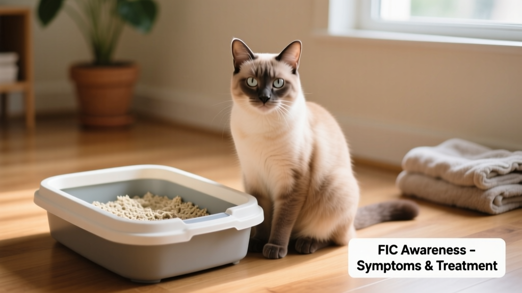 Close-up of a calm cat sitting beside a clean, uncovered litter box with low-dust clumping litter