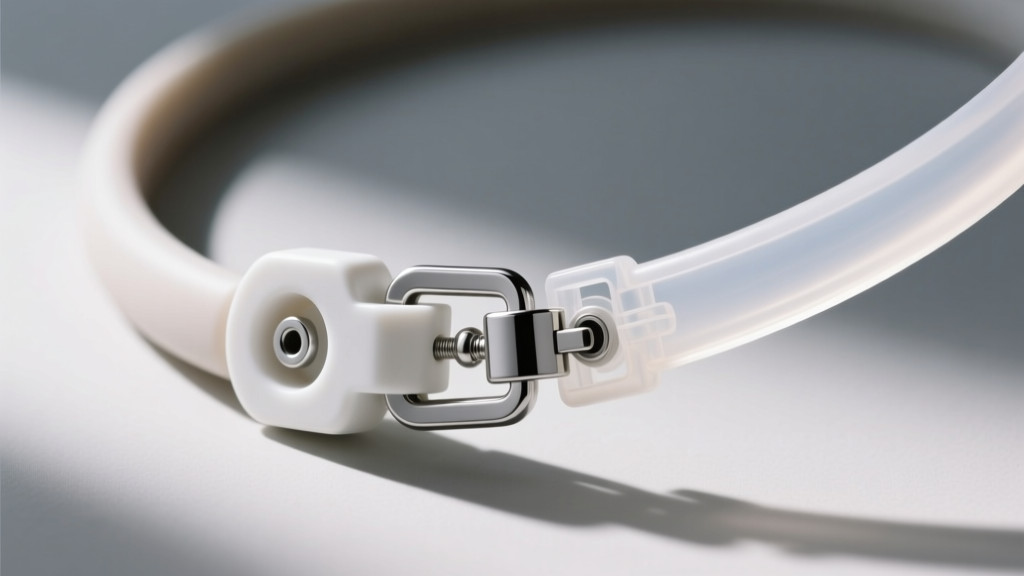 Technical diagram style photo of a plastic breakaway safety clasp on a silicone necklace, highlighting the internal release pin mechanism.