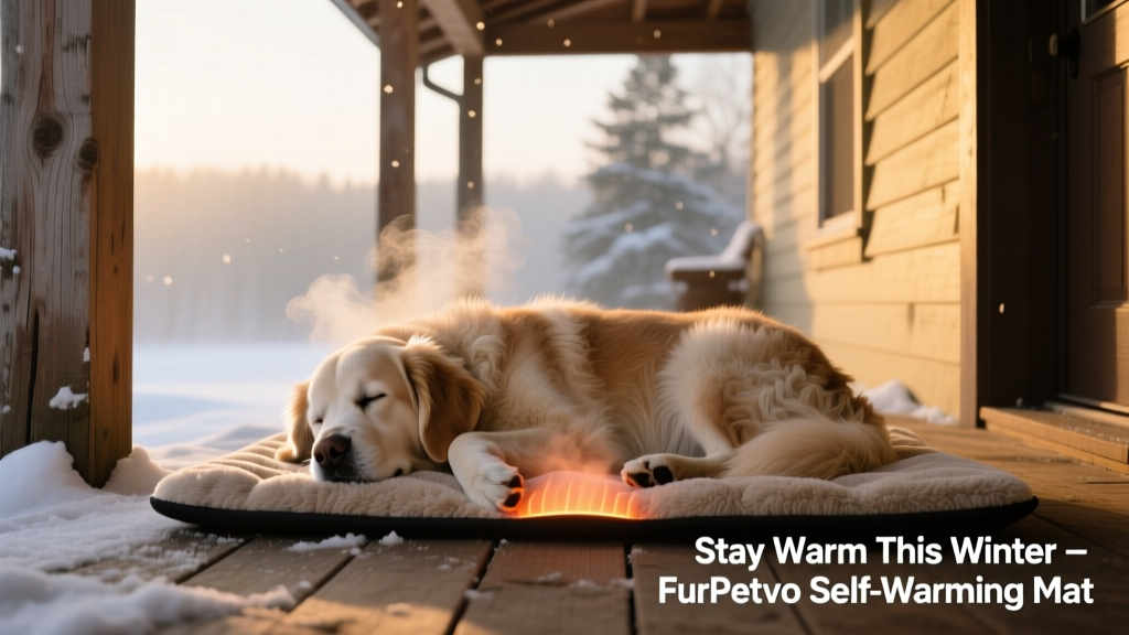 A medium-sized dog resting comfortably on a FurPetVo self-warming mat inside a covered porch