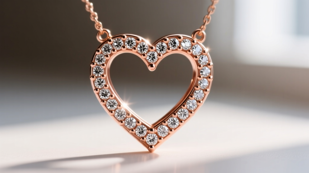 Macro view of micro-pave diamonds in an 18k rose gold eternal love pendant showing tiny metal beads securing small accent stones